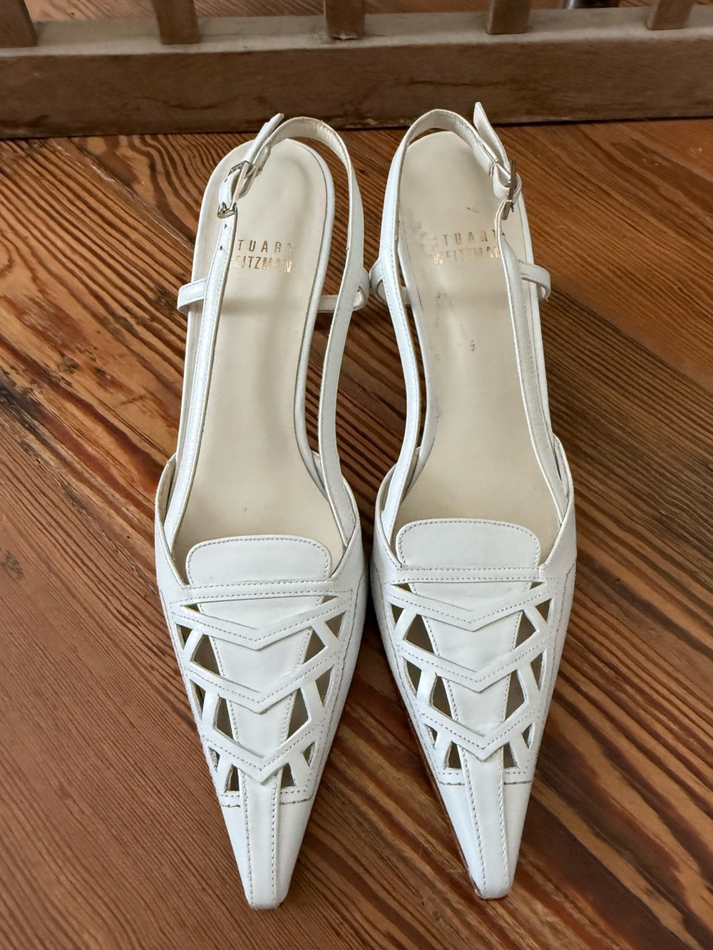 Stuart Weitzman White Geometric Cutout Pointed Slingbacks